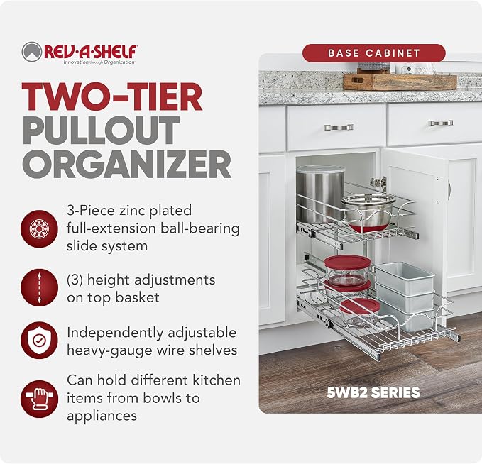 Rev-A-Shelf 2-Tier Pullout Shelf and Drawer Organizer for Kitchen Cabinets, Slide Out Storage Basket, Min Opening Width of 8.5", 9" x 22", 5WB2-0922CR-1 - Image 5