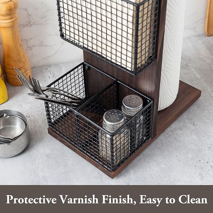 MyGift 3-in-1 Kitchen Organizer with Paper Towel Holder, Napkin Holder & Spice Rack - Rustic Wood & Industrial Metal Pipe Caddy for Farmhouse Dining Table - Image 4