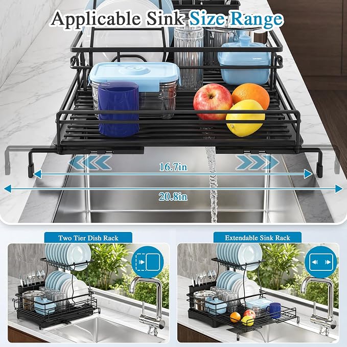 2 Tier Dish Drying Rack, Large Extendable Dish Racks for Kitchen Counter , Dishrack with Drainboard, 2-in-1 Anti-Rust Stainless Steel Dish Drainer with Utensil Holder (Black, double of Dish Rack) - Image 4