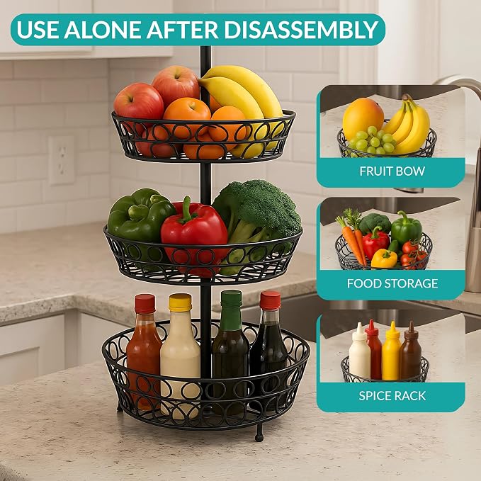 3-Tier Fruit Basket for Kitchen Counter, Stackable Metal Fruit & Vegetable Holder - Image 5