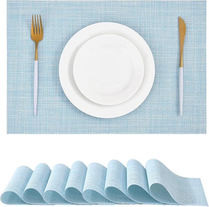Leetaltree Soft Sky Blue Woven Placemats Set of 8 - Heat Resistant Non-Slip Place mats for Dining Table, Washable Durable PVC Vinyl Woven Table Mats(Sky Blue, 8) by Leetaltree-ArtatEveryTable