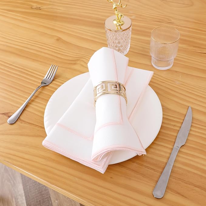 Majestic Giftware Set of 12 Polyester Napkins (NPK-PK) | White Pink Trim Design Dinner Napkins Cloth | Linen Look Washable Cloth Napkins Set for Weddings, Banquets, or Restaurants (20" x 20") - Image 3