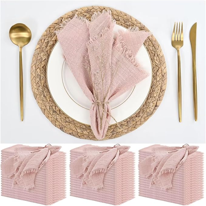 60 Pack Pink Cotton Linen Napkins - 16 x 16 Inch Soft Handmade Fringe Napkins for Wedding Party Dinner Table by ABKLESACH