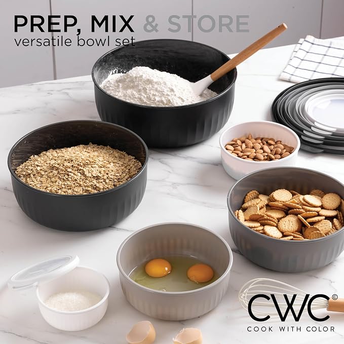 COOK WITH COLOR Prep Bowls with Lids- Wide and Deep Nesting Plastic Small Mixing Bowl Set with Lids, 12 Piece Set - Wide Bowls, Black/White - Image 2