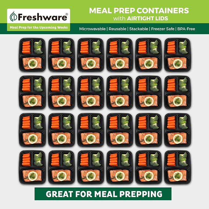Freshware Meal Prep Containers [150 Pack] 3 Compartment Food Containers with Lids, Bento Box, Stackable, Microwave/Dishwasher Safe (32 oz) - Image 3