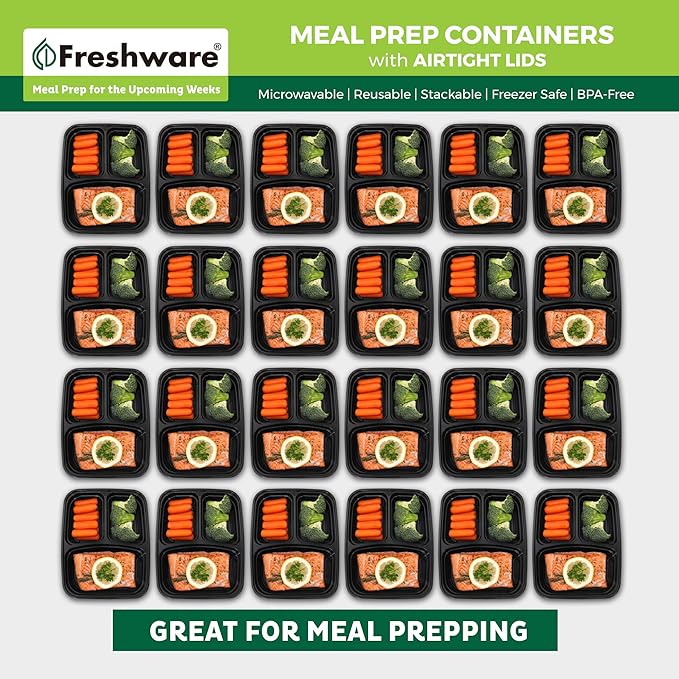 Freshware Meal Prep Containers 3 Compartment Food Storage Containers with Lids, Bento Box, BPA Free, Stackable, Microwave/Dishwasher/Freezer Safe, 24OZ-50PK (Pack of 6) - Image 3