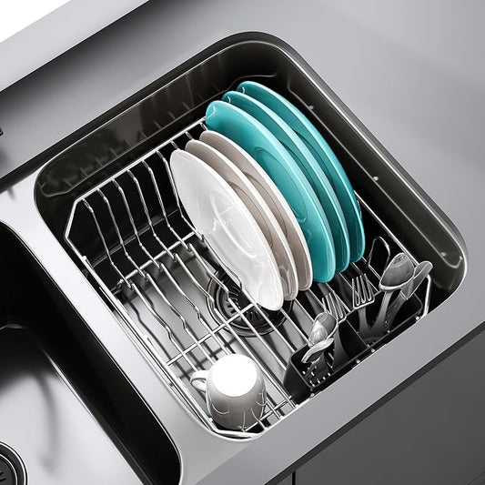 JASIWAY in Sink Dish Drying Rack, Stainless Steel Small Dish Drainer | Perfect Fit 12"x14" Double Bowl Sink, Counter Space Saving for Kitchen, Apartment, Sturdy Dish Dryer with Utensil Holder by JASIWAY