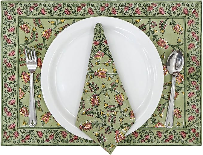 14x14 Inches Cotton Napkins Set of 4, Green Red, Washable Hand Block Printed Reusable Cloth Napkins for Dinning, Party, Wedding, Home Decor Fall - Image 6