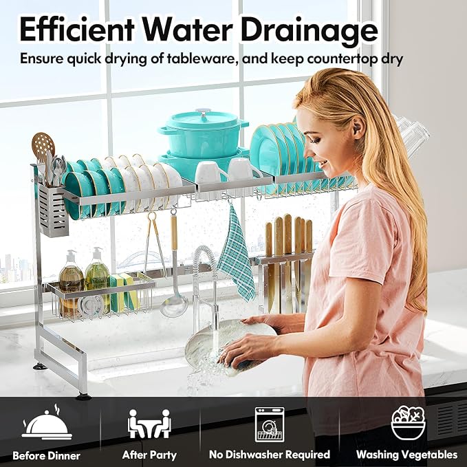 2 Tier Extra Large Stainless Steel Over The Sink Dish Drying Rack | Rust Proof Metal, Expandable Kitchen Sink Drainer, Counter Space Saving, Heavy Duty, Modern Silver, Multifunctional Storage - Image 7