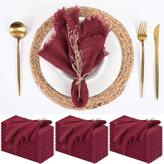 36 Pack Burgundy Cloth Napkins, 16 x 16 Inch Cotton with Fringe Settings | Handmade washable reusable cotton dinner napkins in bulk for weddings, parties, rustic boho table settings by FXKS