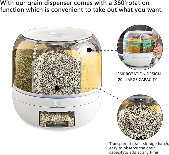 Rotating Grain Storage Bin 6 Grids Rice Container One-Click Output Large Capacity Food Dispenser For Rice Grains Sealed Moisture Proof Organizer (Grey) (Large) - Image 5