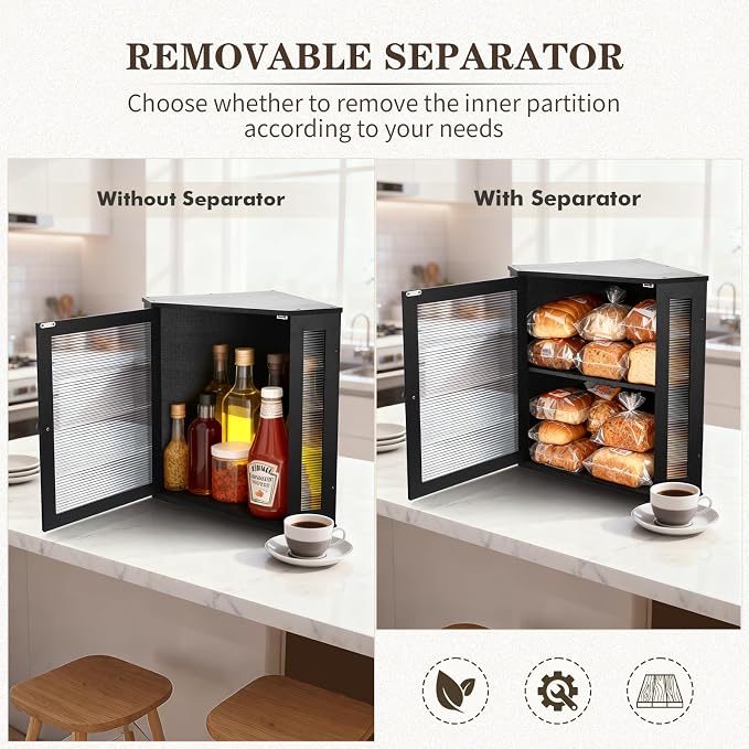 Extra Large Corner Bread Box - Bamboo Bread Box for Kitchen Countertops, Large Capacity Kitchen Bread Storage and Organizer with Corrugated Acrylic Wavy Window (Black) - Image 7