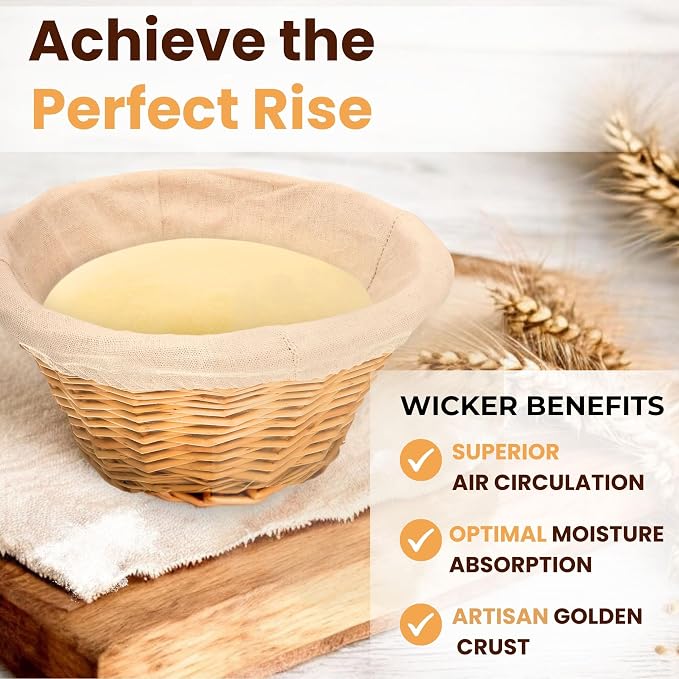 Wicker Banneton Bread Proofing Basket – 9” Round Sourdough Starter Kit with Liner & Cover – Proofing Basket for Artisan Baking – Sourdough Bread Baking Supplies & Bread Making Tools - Image 2