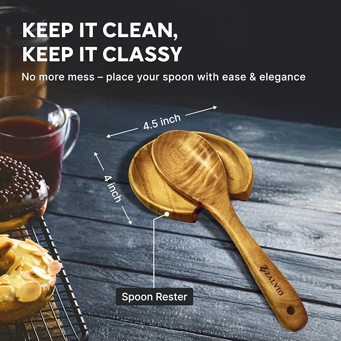 Zalvio 10-Piece Acacia Wood Utensil Set – Handmade Wooden Spoons with Spoon Rest | Heat-Resistant Eco-Friendly Cooking Tools for Nonstick Cookware - Image 4