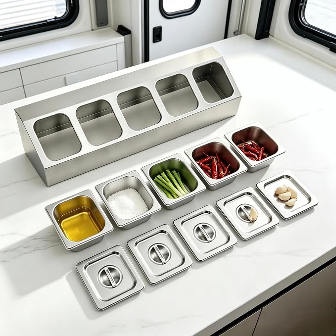 5 Pans Pizza Toppings Station Condiment Organizer Container Food Prep | Ingredients Holder Spice Rack Stainless Steel Candy Container Set with 5 Pans & Lids for Food Truck Restaurant Kitchen Buffet - Image 7