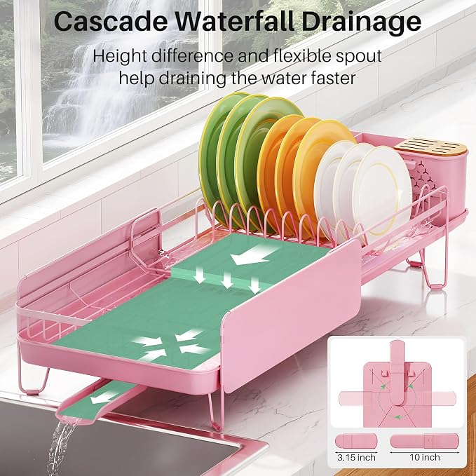 SNTD Large Dish Drying Rack for Kitchen Counter, Expandable, Pink | Stainless Steel Dish Drainer, Adjustable Length 18.9''-29.3'', Automatic Drainage, 360° Spout, Cutlery Holder with Knife Slot - Image 4