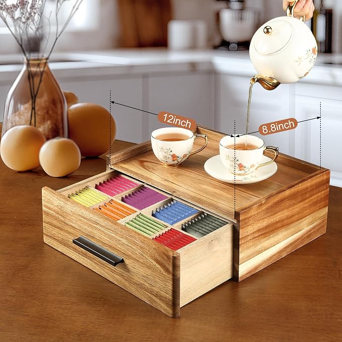Acacia Wood Tea Bag Organizer - 12-Compartment Capacity Tea Box Organizer Storage Box with Drawer, Tea Accessories for Tea Bags Storage Drawer, Tea Station for Countertop - Image 5