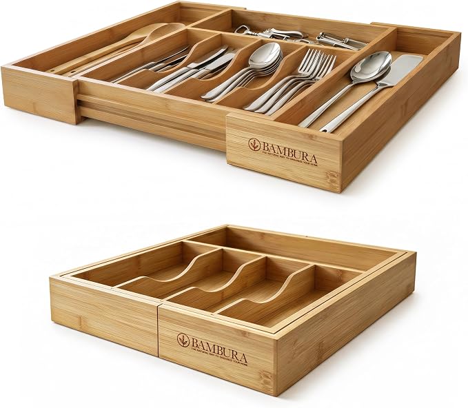 Expandable Bamboo Silverware Drawer Organizer, Utensil Holder Tray | 6 Compartments, 3 Movable Dividers, Fits 11.9-20.8 in Wide, Non-Slip Base, Cutlery & Flatware Caddy for Kitchen, Bath, Office by Unknown