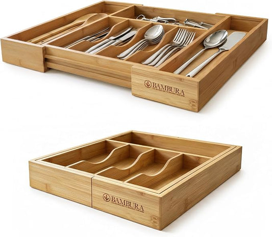 Expandable Bamboo Silverware Drawer Organizer, Utensil Holder Tray | 6 Compartments, 3 Movable Dividers, Fits 11.9-20.8 in Wide, Non-Slip Base, Cutlery & Flatware Caddy for Kitchen, Bath, Office by Unknown