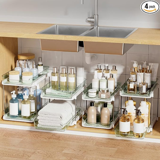 Delamu 2-Tier Multi-Purpose Bathroom Under Sink Organizers and Storage, Stackable Kitchen Pantry Organization, Pull Out Medicine Cabinet Organizer with Movable Dividers, Light Green, 4 Pack by DELAMU