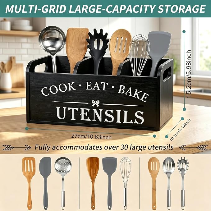 A CENTER Rustic Wooden Utensil Holder for Kitchen Counter Decor | Extra Large Kitchen Utensil Holder Silverware Caddy Farmhouse Wood Cutlery Holder Cooking Utensil Stand-Black - Image 2