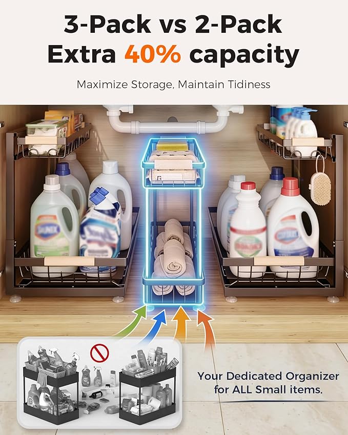 3-Pack 2-Tier Height Adjustable Under Sink Organizer, Brown | Multi-purpose metal storage shelf with sliding shelves for kitchen, bathroom, pantry & laundry cabinet - Image 4