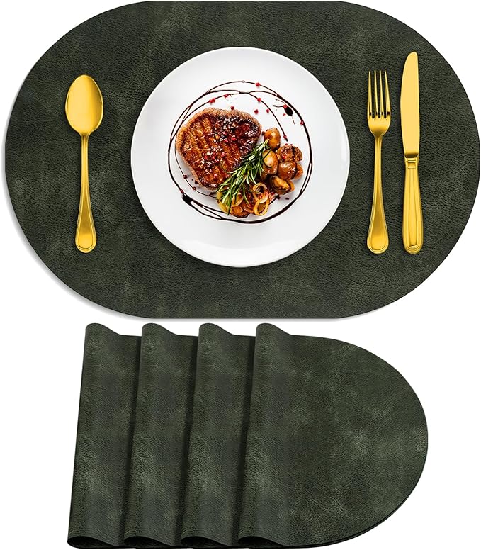 ADRIMER Placemats, Heat Resistant Oval Placemats Set of 4 Washable 12 x 17 Inch, Waterproof Table Mats, Wipeable Pu Place Mats for Kitchen, Dining Room, Olive Green by Adrimersdreamistobeanindispensablecompanioninyourlife