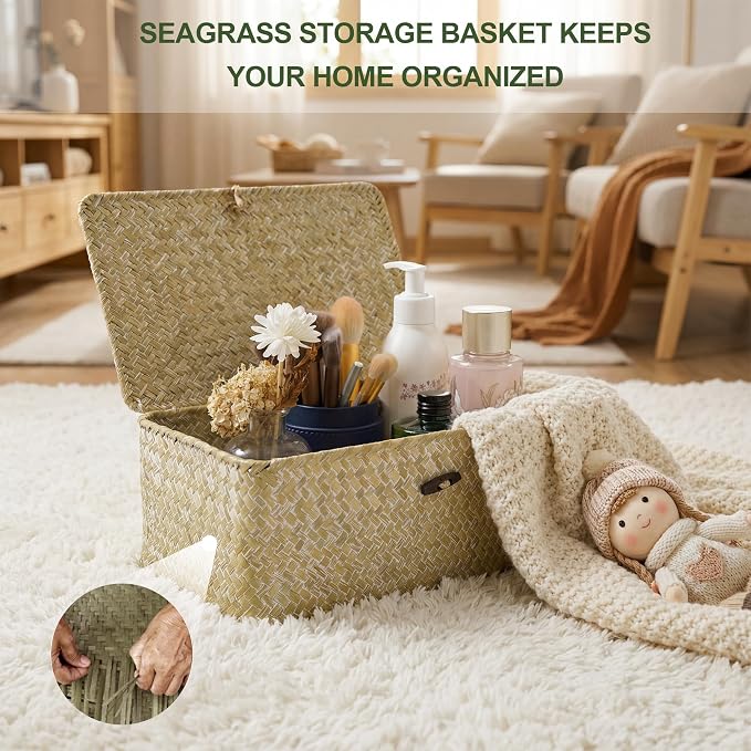 Nonam Storage Basket with Lid, Natural Seagrass Bin with Lid Set of 2, Shelf Baskets Multipurpose Container for Boho Decoration, Rectangular Household Storage Boxes for Home Organization-White - Image 5