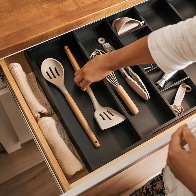 Utensil & Junk Drawer Organizer, 16-28 in, Black Bamboo | Food-safe contract grade, 100% sustainable wood, non-slip, adjustable - Image 7