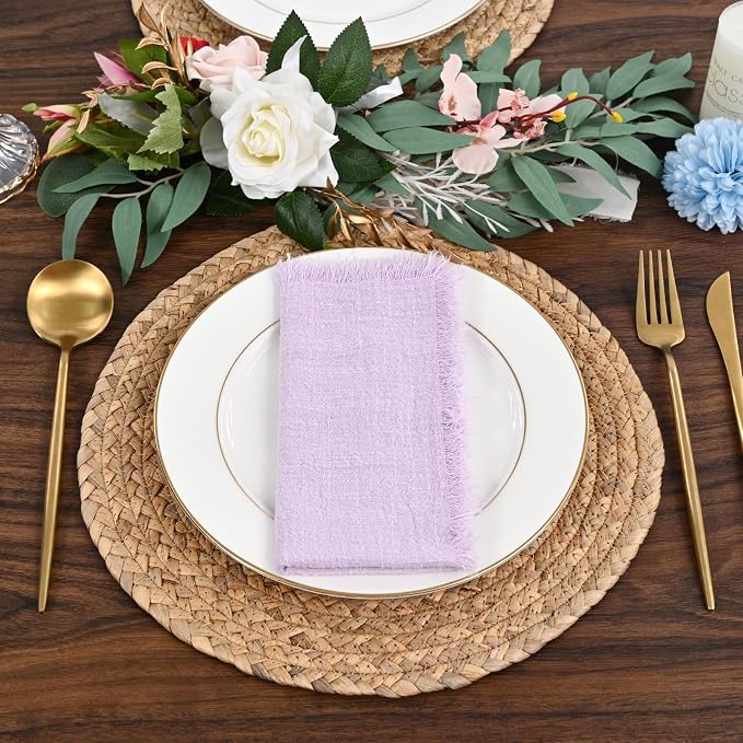 60 Pack Lavender Napkins Cotton Linen Napkin 16 x 16 Inch Handmade with Fringe Soft Lilac Napkins Cloth Washable Rustic Dinner Napkin Cloth for Wedding Party Dinner Table - Image 3