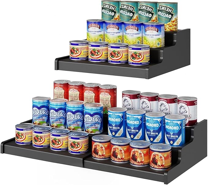 3-Tier Expandable Bamboo Can Organizer for Pantry, Holds 24 Cans, Black | Adjustable Can Storage Rack for Pantry, Can Holder for Kitchen Cabinets, Canned Food Soda Organizer, Black (Patent Pending) by NuoyuanShen