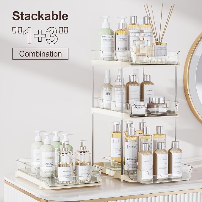 Delamu 2-Tier Multi-Purpose Bathroom Under Sink Organizers and Storage, Stackable Kitchen Pantry Organization, Pull Out Medicine Cabinet Organizer with Movable Dividers, Beige, 4 Pack - Image 3