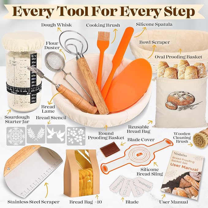 Sourdough Starter Kit with Bread Proofing Baskets, Jars, Baking Essentials | 9 in Round & 10 in Oval Baskets Set, Sourdough Bread Baking Supplies, Sour dough Beginner Kit Gifts for Bakers Women Wife Mom - Image 2