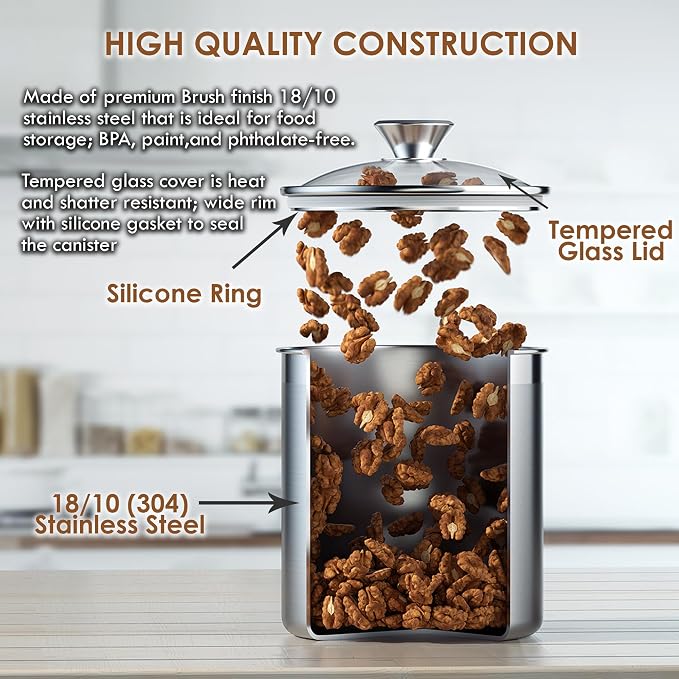 Cooks Standard Airtight Kitchen Canister Set for Coffee, Flour & Sugar Storage – Stainless Steel Food Storage Containers with Glass Lid – Pantry Organization Jars, 4 Pack - Image 6