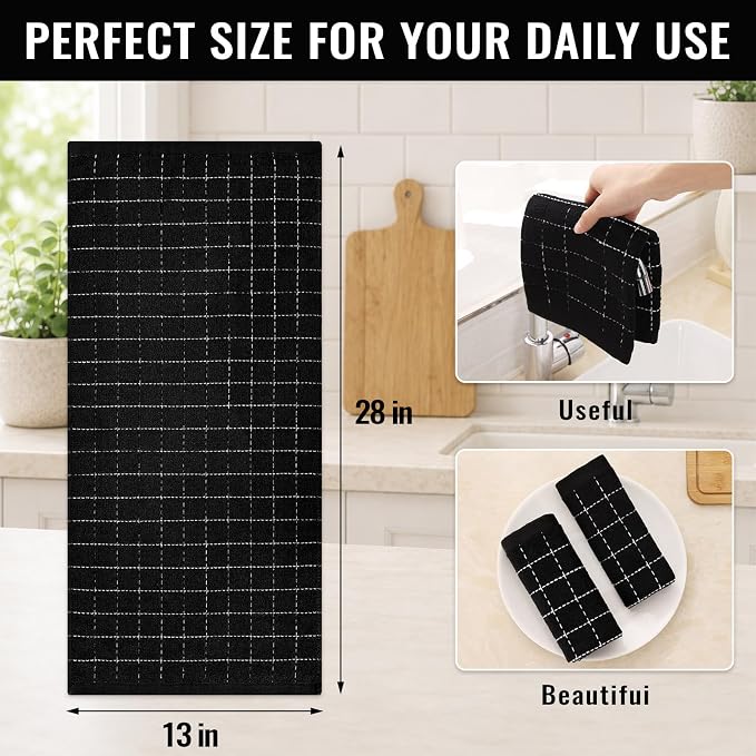 Kitinjoy 100% Cotton Terry Kitchen Towels, 13”x 28”, 4-Pack, Black | Checkered Designed, Ultra Soft Absorbent Quick Drying Dish Towels - Image 4
