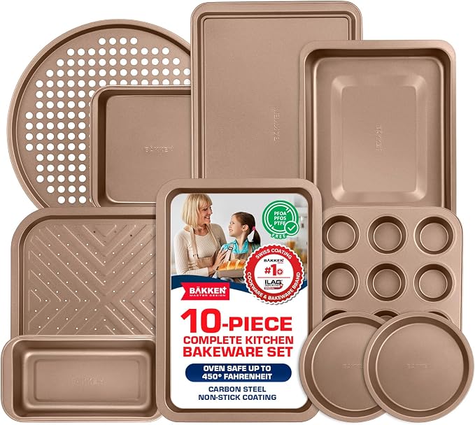 BAKKEN 10-Piece Kitchen Baking Pan Set - Commercial Grade Carbon Steel Bakeware, With Nonstick Coating, Stackable and Space-saving Design, PFOA, PFOS, PTFE Free, Oven Safe Tray (Up To 450°F), Brown by Unknown