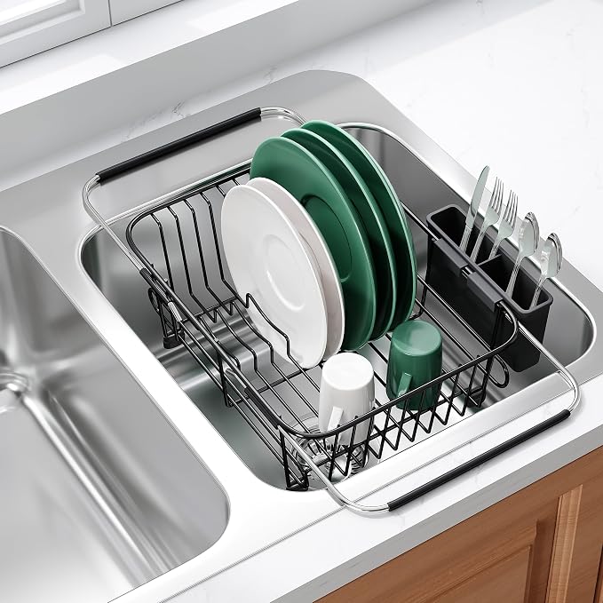 JASIWAY Black Dish Drying Rack in Sink with Utensil Holder, RV, Apartment | Over Sink Expandable Stainless Steel Dish Drainers for Compact Kitchen, Space Saving, Fast Drain, Rustproof, For 1-2 people by JASIWAY