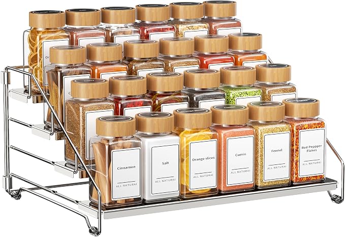 BOIVSHI Spice Organizer for Cabinet, Adjustable Depth Spice Shelf - Chrome | 4 Tier Spice Rack, Space-saving Spice Organization for Cabinet and Counter, Keep Your Kitchen Neat and Organized - 1 Pack by BOIVSHI