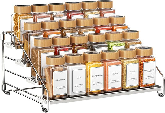 BOIVSHI Spice Organizer for Cabinet, Adjustable Depth Spice Shelf - Chrome | 4 Tier Spice Rack, Space-saving Spice Organization for Cabinet and Counter, Keep Your Kitchen Neat and Organized - 1 Pack by BOIVSHI