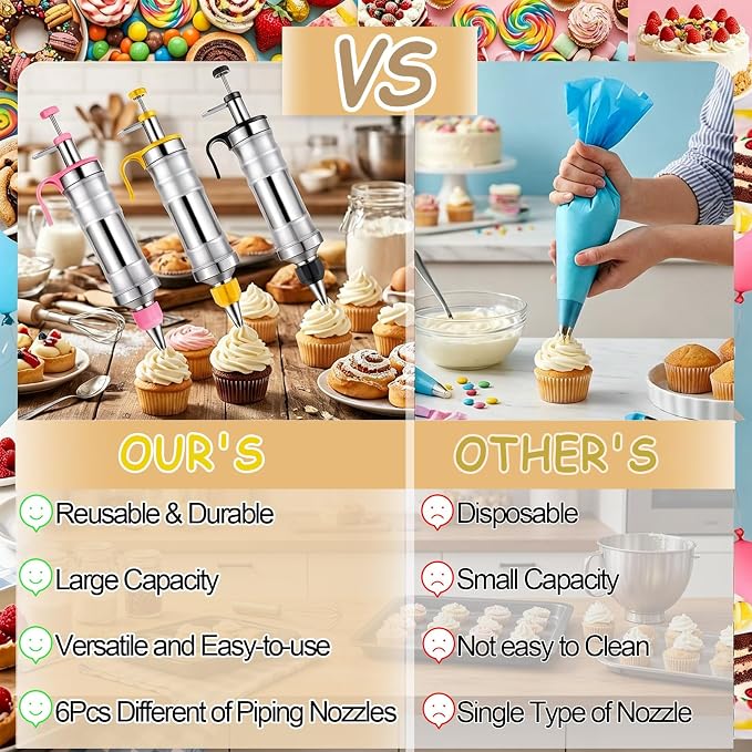 Icing Sets for Cake Decorating, Stainless Steel Icing Piping Kit Cake Decorating Tools, Piping Icing Syringe Set for Cupcake, Dessert Syringe Nozzles, DIY Frosting Baking Tools with 6 Pcs Nozzles | Reusable Piping Bags and Nozzles Set, Icing Piping Kit... - Image 3