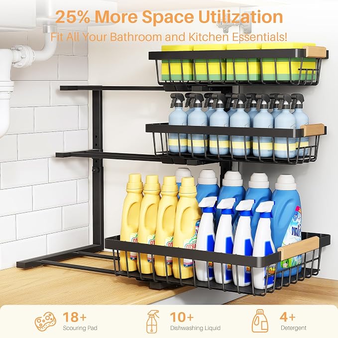 PXRACK Under Sink Organizer, 1-Pack 3-Tier Height Adjustable Thickened Metal Pull out Cabinet Organizer Shelf, Slide out Storage Drawer Rack for Bathroom Kitchen Pantry Home Organization, Black - Image 4
