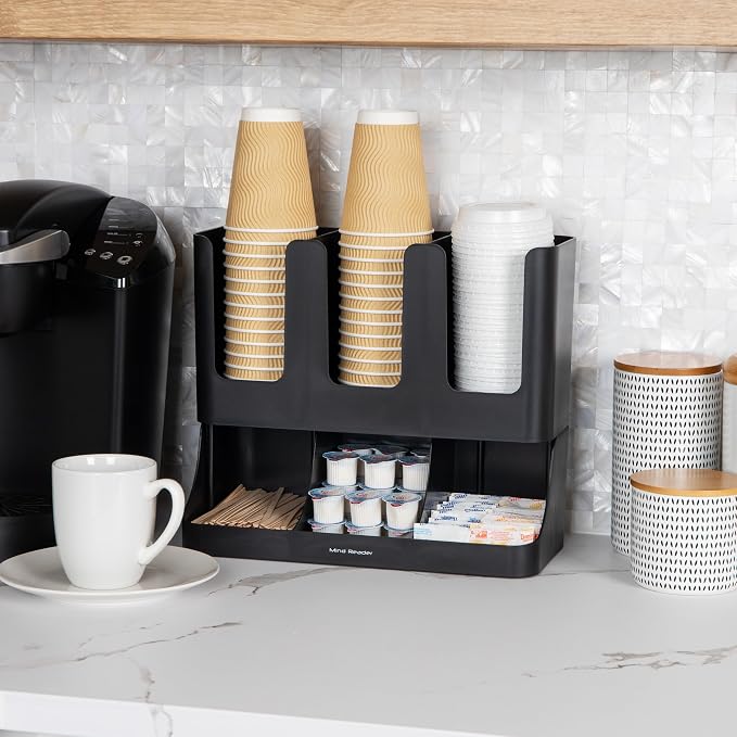 Mind Reader Condiment Station, 13 Inch Countertop Coffee Bar Organizer with 6 Compartments, Storage Caddy for Cups, Lids and Packets, Plastic, Black - Image 2