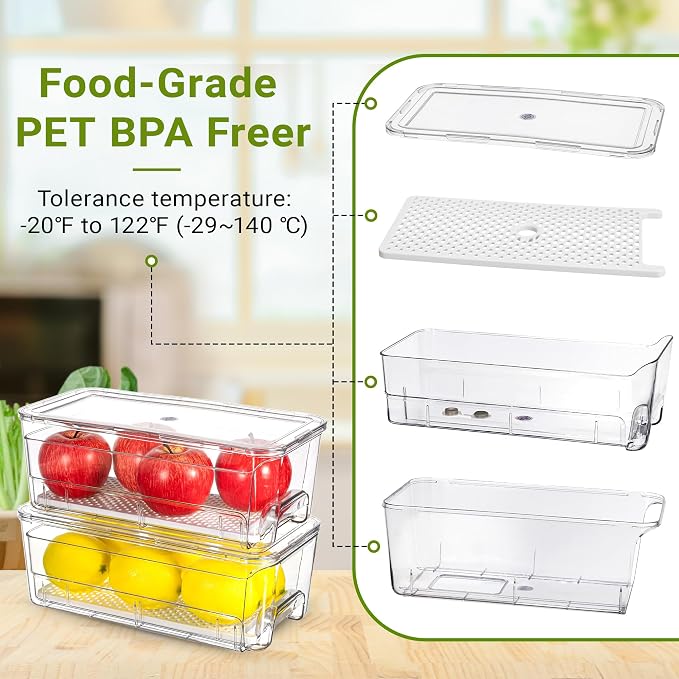 Imncya 5 Pack Refrigerator Organizer Bins, Fridge Organizers and Storage | Stackable Pull-Out, Refrigerator Drawers with Lids, Clear Design with Drain Tray, Fruits Vegetables Snack Storage Containers - Image 8