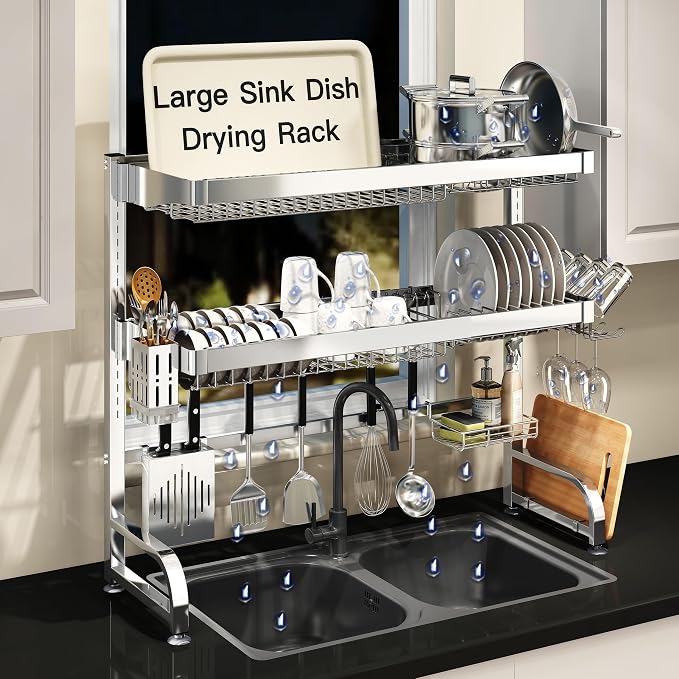 3 Tier Extra Large Stainless Steel Over The Sink Dish Drying Rack | Rust Proof Metal, Expandable Kitchen Sink Drainer, Counter Space Saving, Heavy Duty, Modern Silver, Multifunctional Storage by MAJALiS