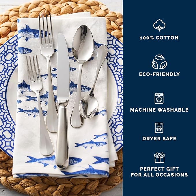 School of Fish Dinner Napkins Set of 4 | 100% Cotton Cloth Set for Entertaining or Everyday Table | Perfect for Wedding, Birthday, Christmas Blue and White, 22 Inch Square - Image 3