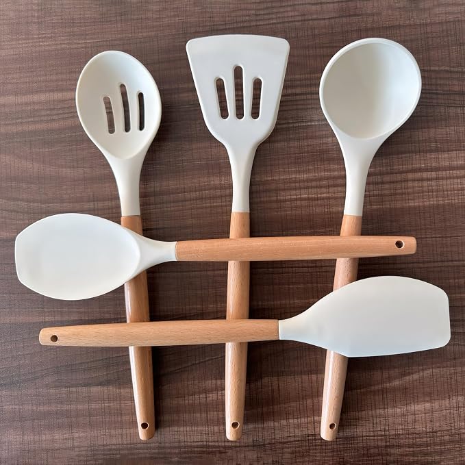 Silicone Kitchen Utensils Set of 5, Cooking Utensil Set with Heat Resistant Wooden Handle Non-Stick Silicone Spatula Spoon Turner Ladle, BPA FREE Cooking Kitchen Gadgets for Cookware & Baking - Image 6