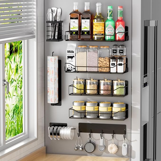 Magnetic Spice Rack for Refrigerator,8 Pack Magnetic Fridge Shelf, Moveable Spice Organizer with Hook Rack, Paper Towel Holder, Utensil Holder,cup lid holder, Super Magnetic Rack Set (Black) by IYEBAU