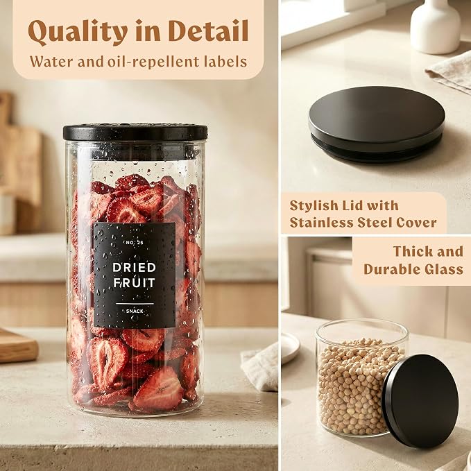 Glass Storage Containers with Black Lids [Extra Thick Glas] with 54 Labels - Canister For Pantry Noodles Flour Cereal Rice Sugar Tea Coffee Beans - Round Set of 5x - Image 7
