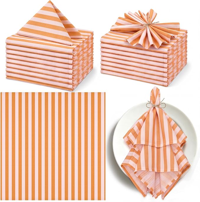 Funnymoom 12 Pcs Orange Pink Striped Cloth Napkins Reusable Napkins Party Dinner Soft Absorbent for Home Table Decoration Holiday Party Kitchen Supplies by Funnymoom