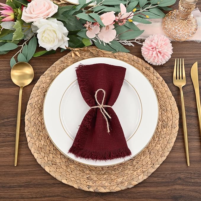 36 Pack Burgundy Napkins Cotton Linen Napkin 16 x 16 Inch Burgundy Napkins Cloth Handmade with Fringe Soft Washable Rustic Dinner Napkin Cloths for Wedding Party Dinner Table - Image 4